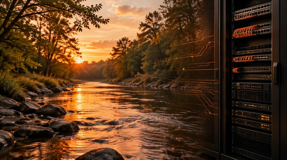 Original creek landscape with warm sunset reflections and subtle network traces